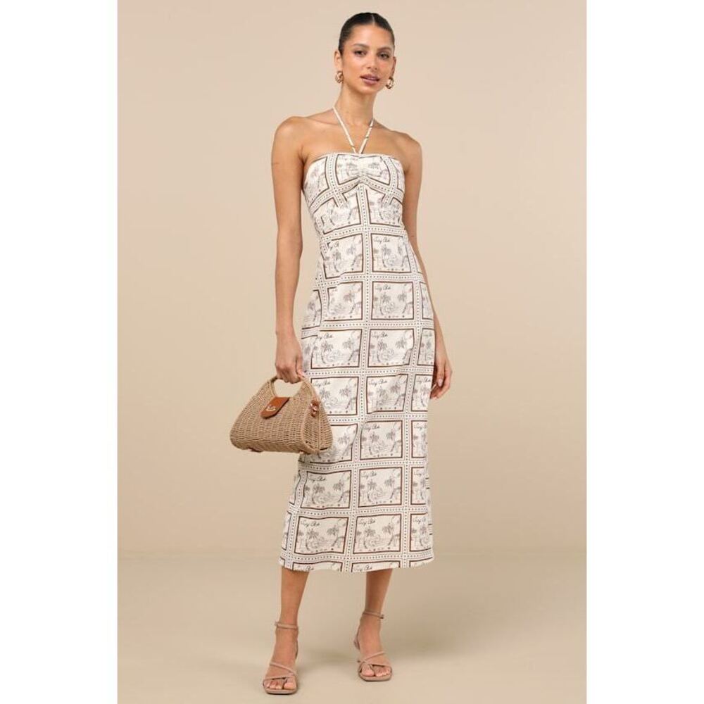 Lulus Asiya Beige Stamp Print Halter Midi Dress - Size S